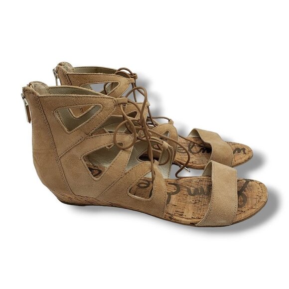 Sam Edelman Dean Wedge Sandals Womens‎ 8.5 Beige Suede Cage Gladator - Picture 1 of 10